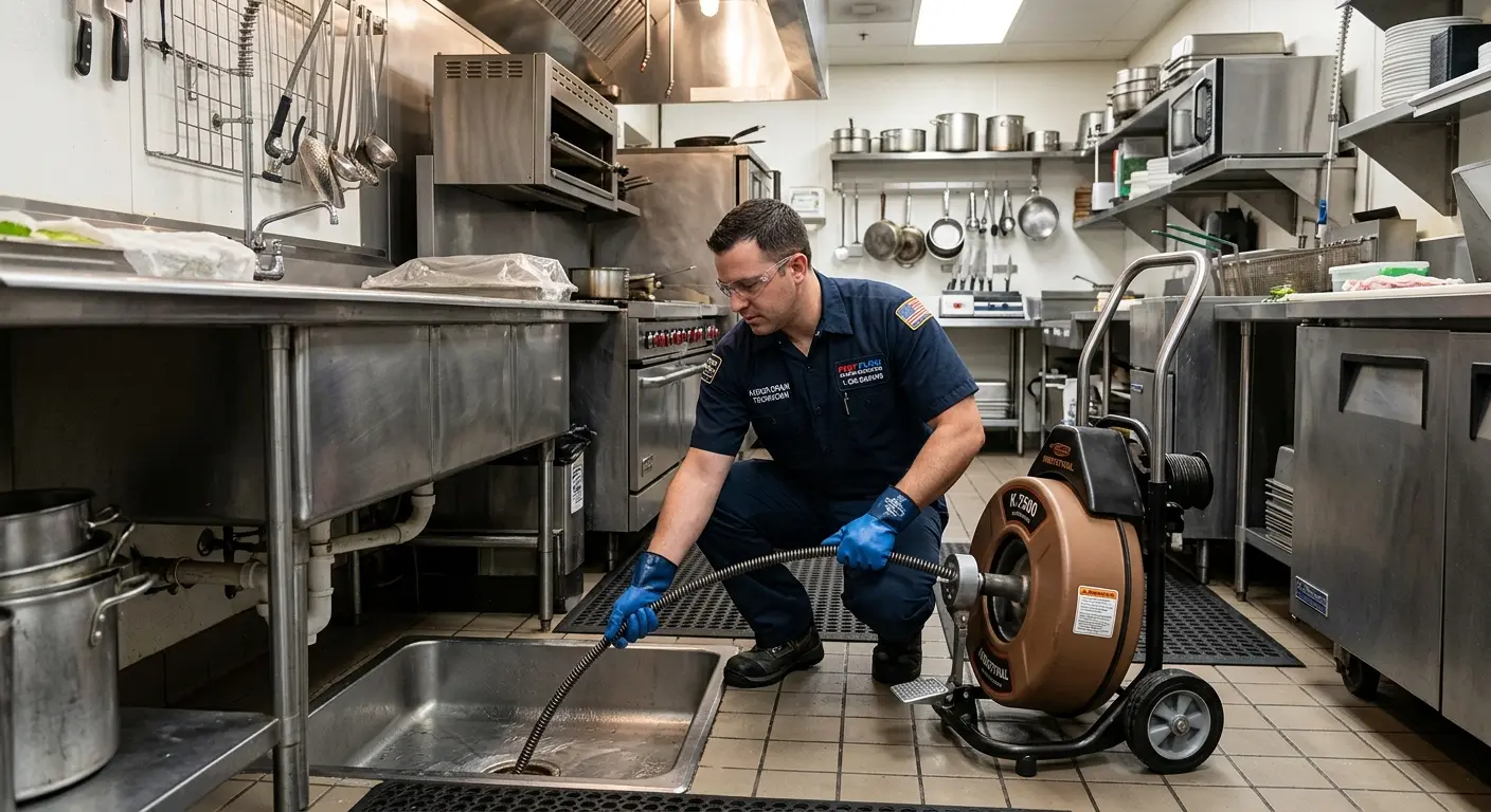 Commercial drain cleaning service in a restaurant kitchen in Rose