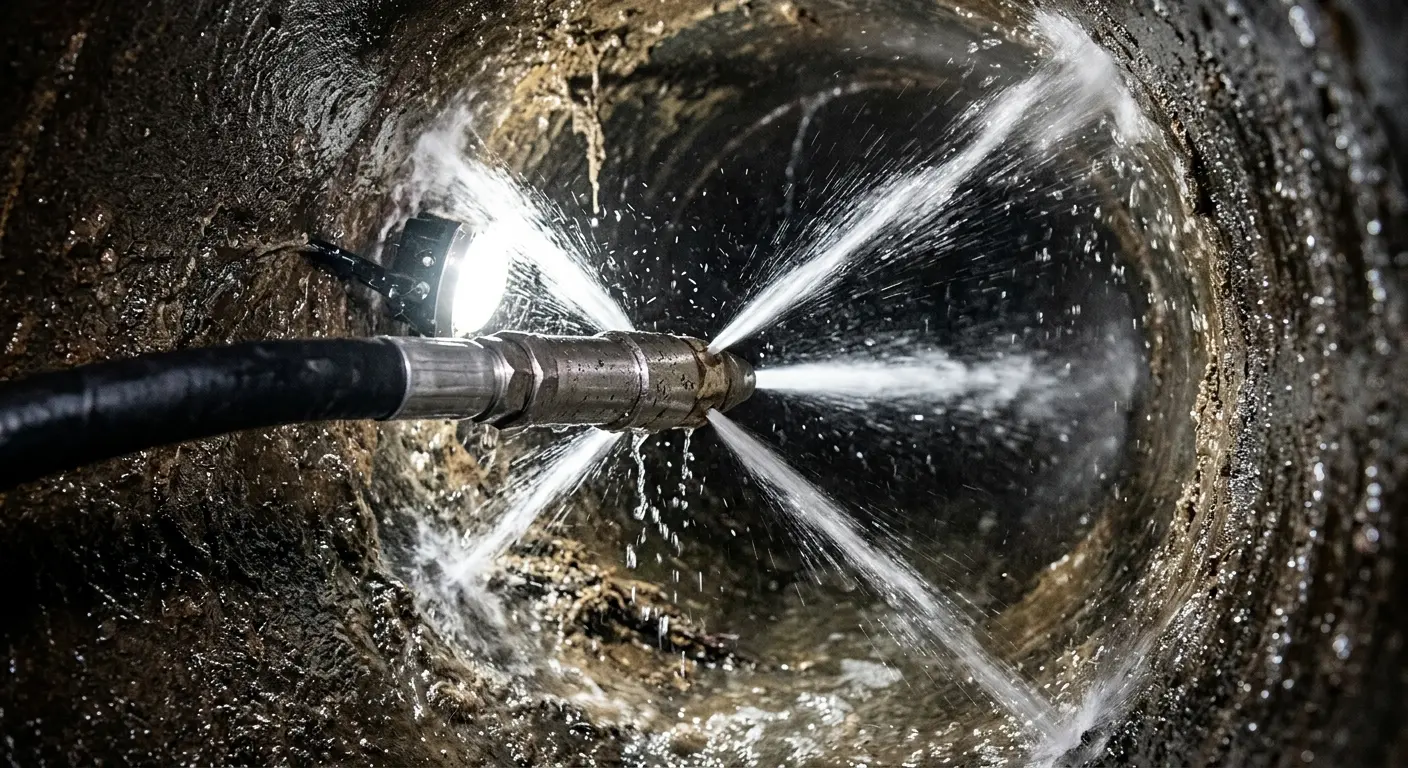 High-pressure hydro jetting nozzle cleaning sewer pipe for Trenchless Sewer Repair in Rose