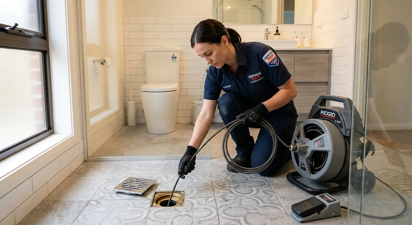 Technician clearing a bathroom floor drain for Sewer Line Replacement in Rose